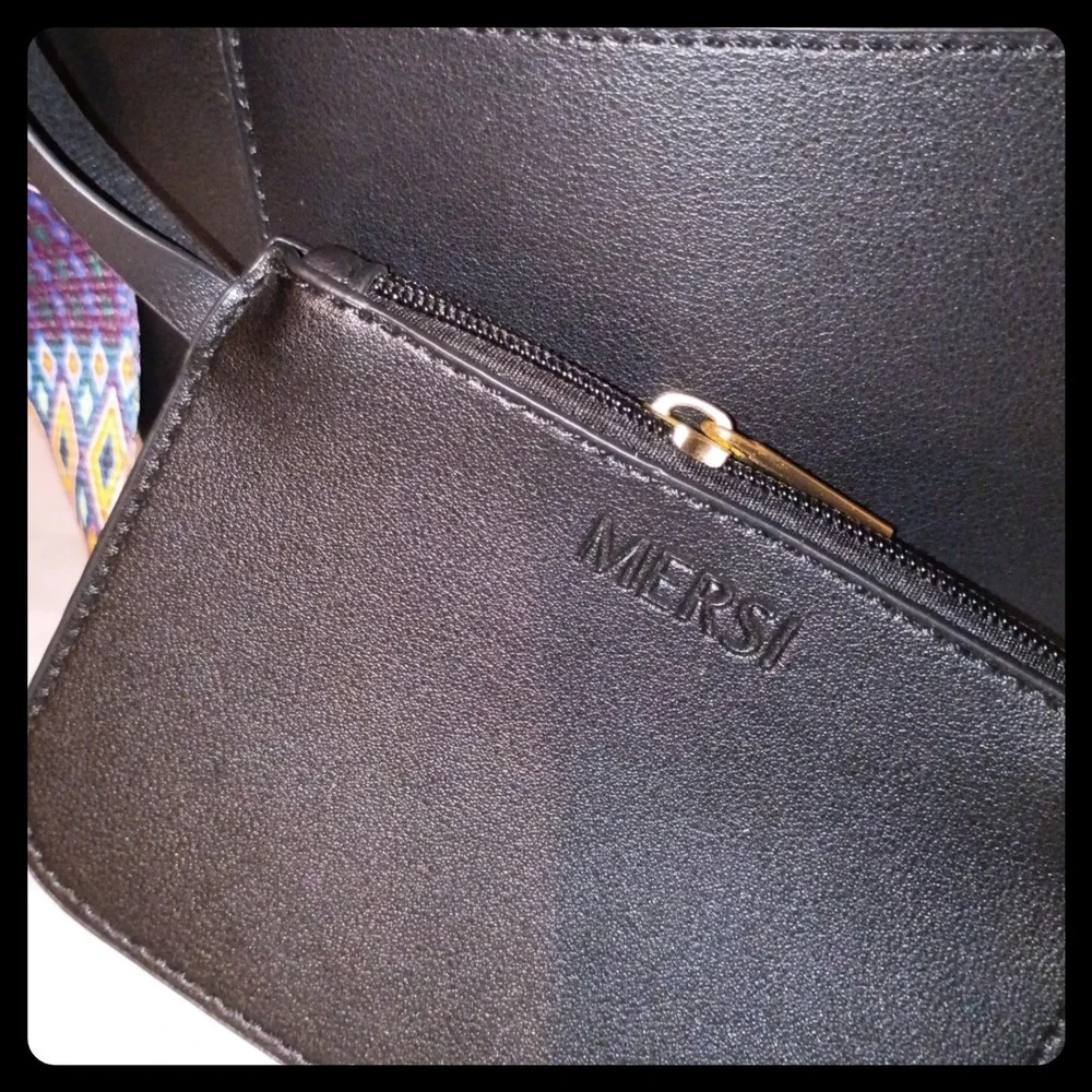 MERSI Bucket Bag Womens Large Black Geometric Strap Boho Alicia Vegan Leather